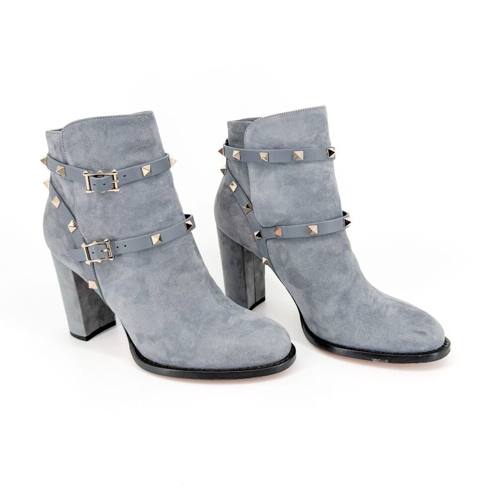 Valentino Garavani Rockstud Blue Gray Suede Ankle Boots Size 39 US 9 Women's